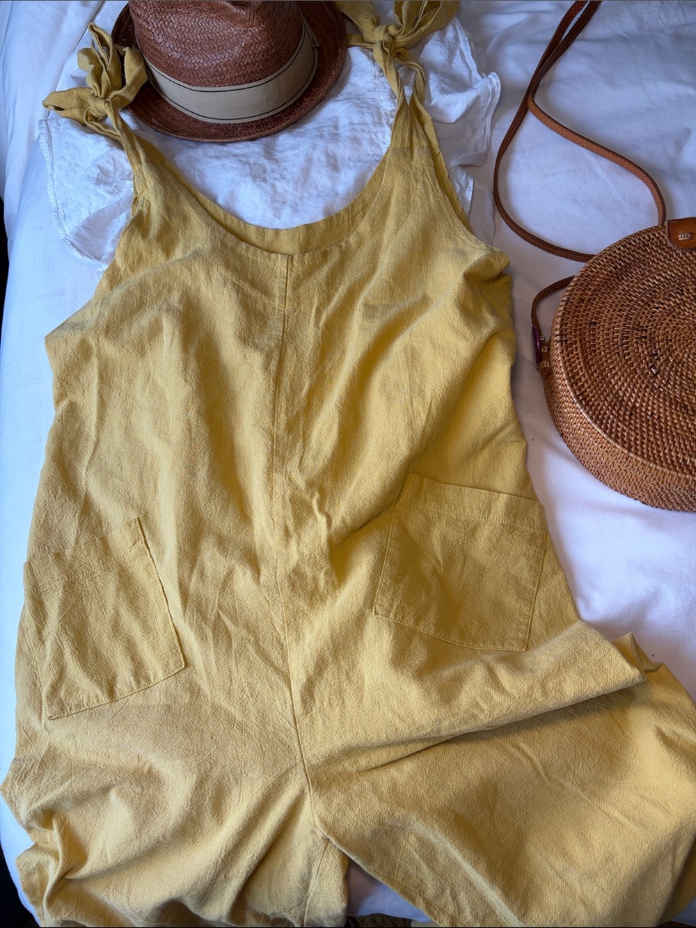 Linen Lightweight Yellow Romper with Pockets